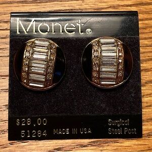 Vintage Monet .75” Black w/Faux Diamonds Gold Tone Accent Pierced Back Earrings